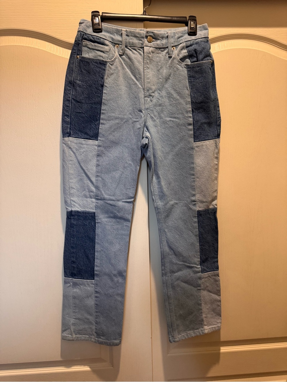 Good American Patchwork Light & Dark Blue Straight Jeans
